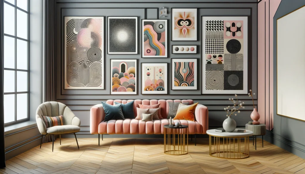 Chic and contemporary space with an array of carefully chosen trippy wall art, demonstrating the art of mixing sizes and styles for a harmonious yet eclectic look