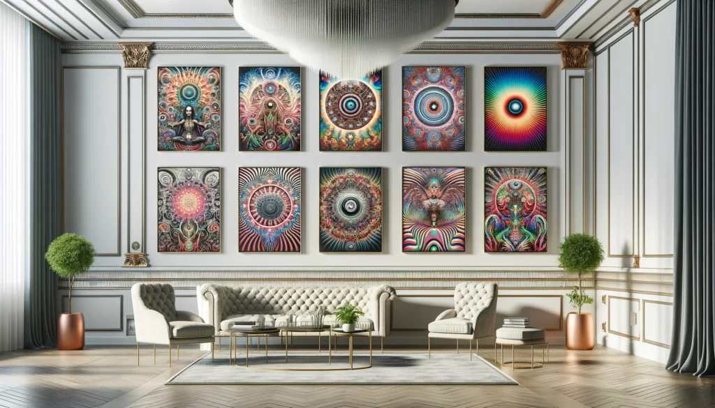 Elegant art gallery showcasing a diverse collection of trippy wall art, featuring various styles and mediums, including canvas prints and metal wall art