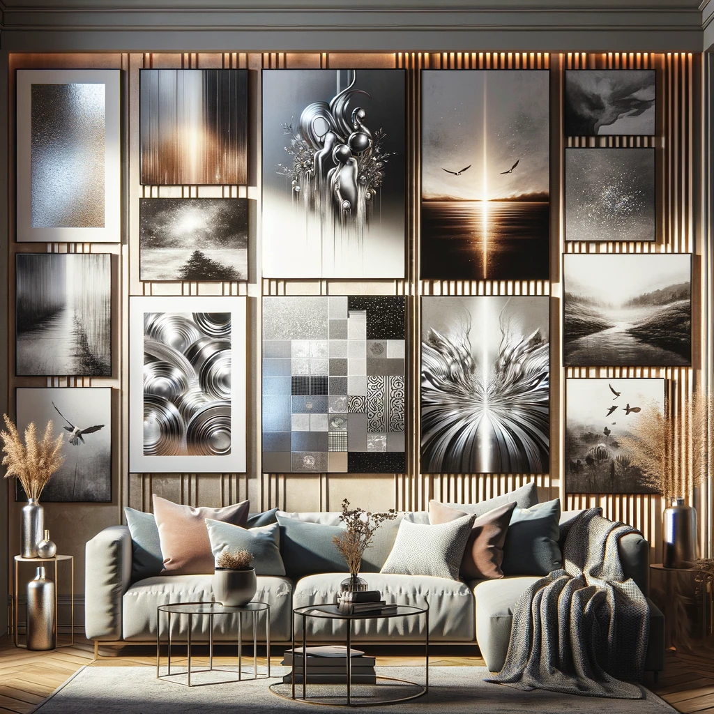 LIVING ROOM WITH SILVER WALL ART