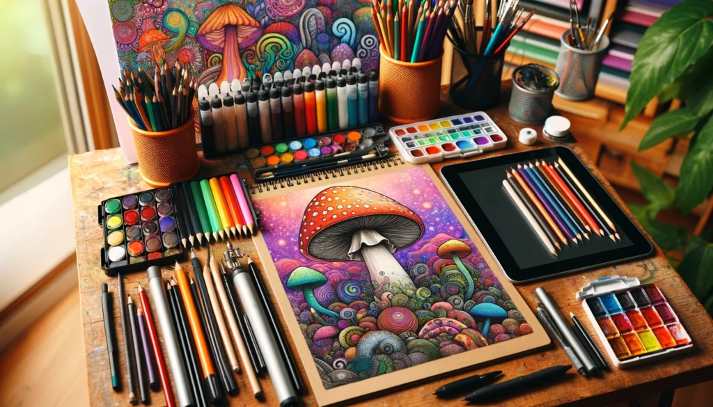 Artist's workspace with drawing tools, coloring supplies, and paper for trippy mushroom art.
