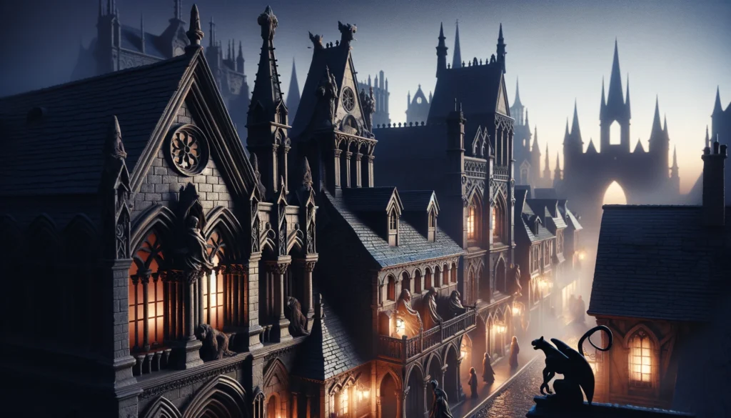 Medieval town dusk Gothic architecture
