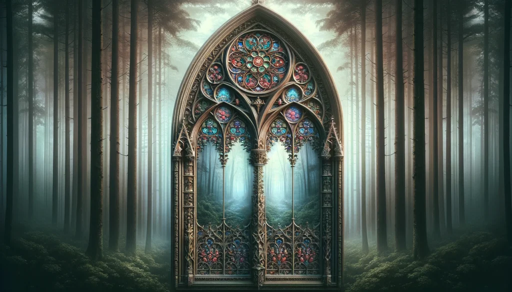 Serene Gothic Window and Forest