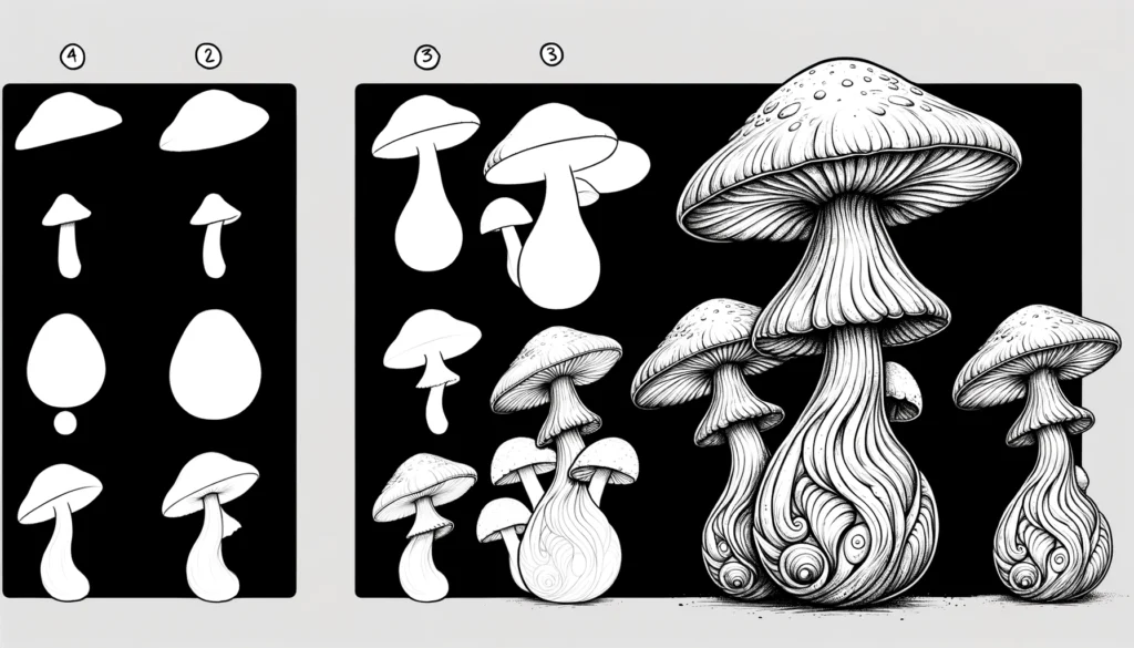 Step-by-step process of sketching a trippy mushroom, from basic shapes to detailed outline