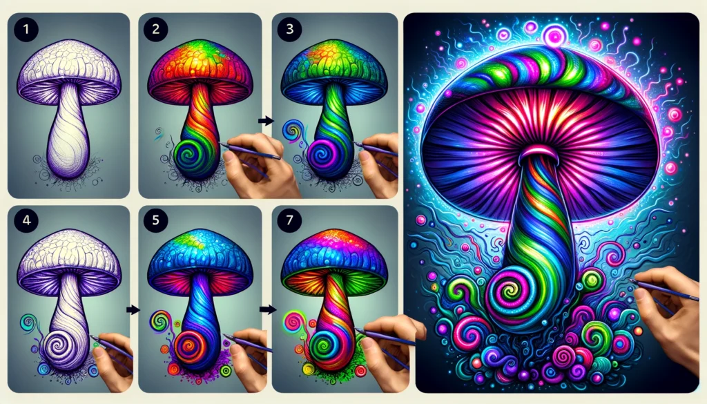 Transformation of a mushroom drawing with vibrant colors, psychedelic patterns, and dynamic shading
