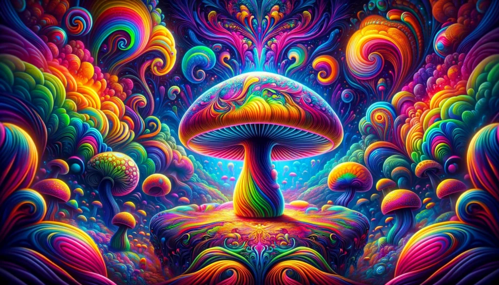 Vibrant trippy mushroom in a surreal, colorful psychedelic